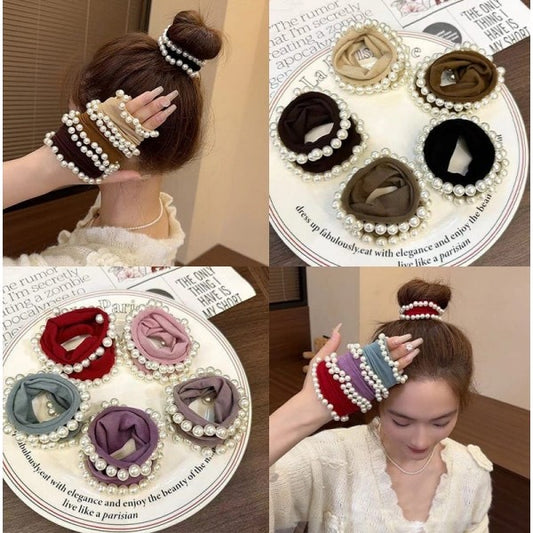 Pearl Embellished Hair Scrunchies – Elegant Bun & Ponytail Elastic Bands for Women & Girls – Stylish Hair Ties for Daily & Party Wear